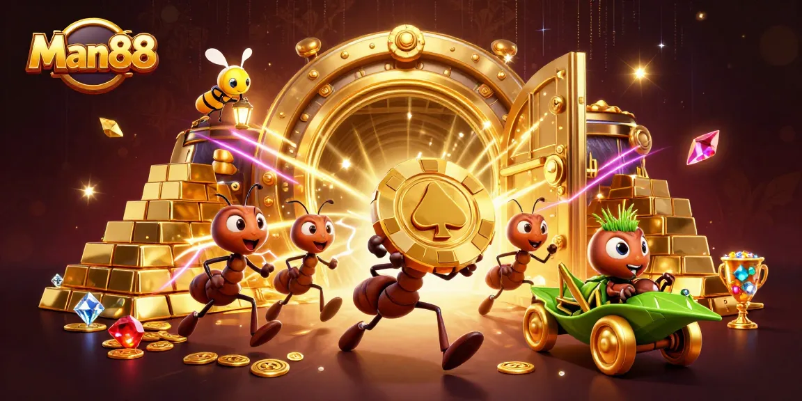 Witness Man88's charming cartoon heist with ants transporting a massive golden poker chip.