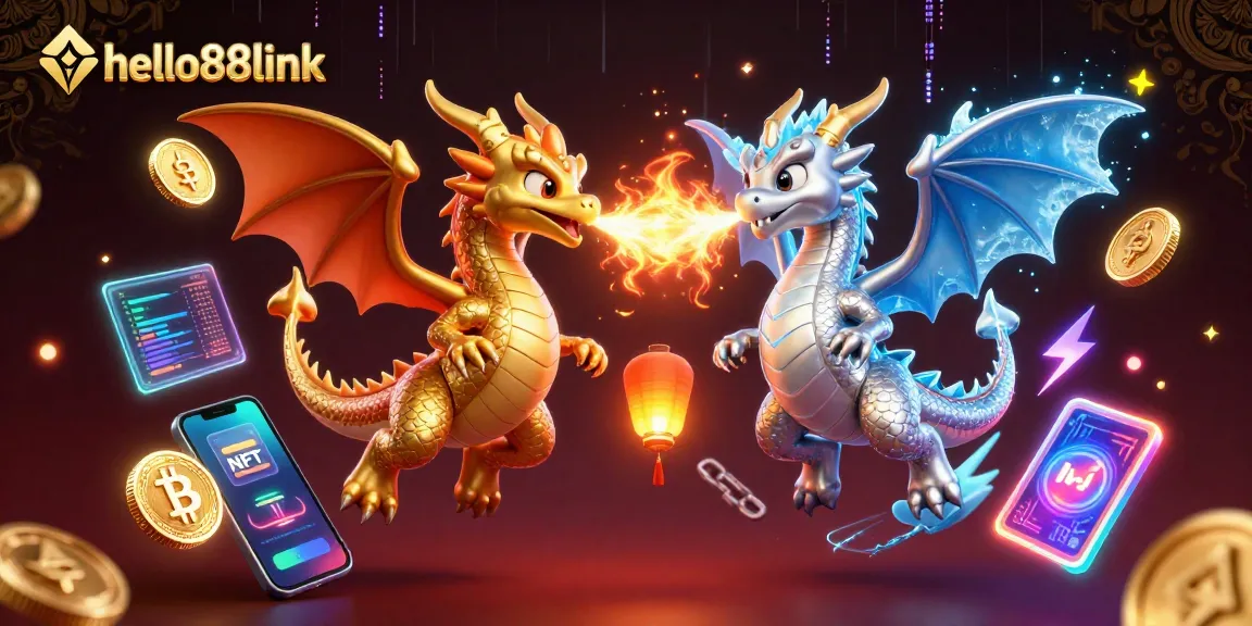 Experience thrilling gameplay at hello88link with dragons and vibrant crypto elements in a vivid casino scene.