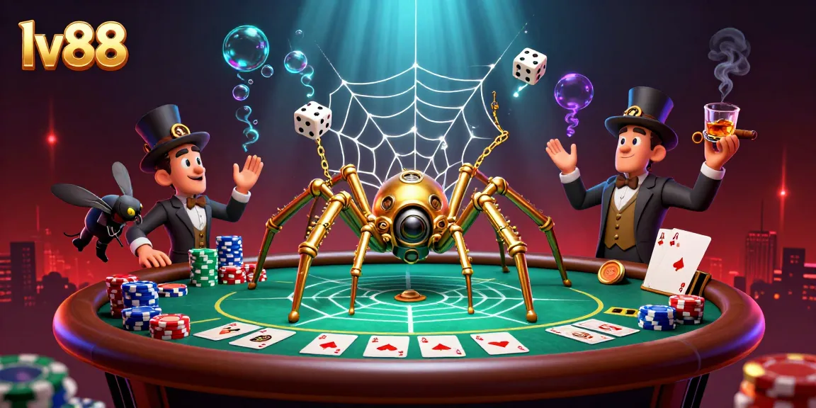 Engage in thrilling gameplay with lv88's vibrant casino scene featuring a golden spider and poker elements.