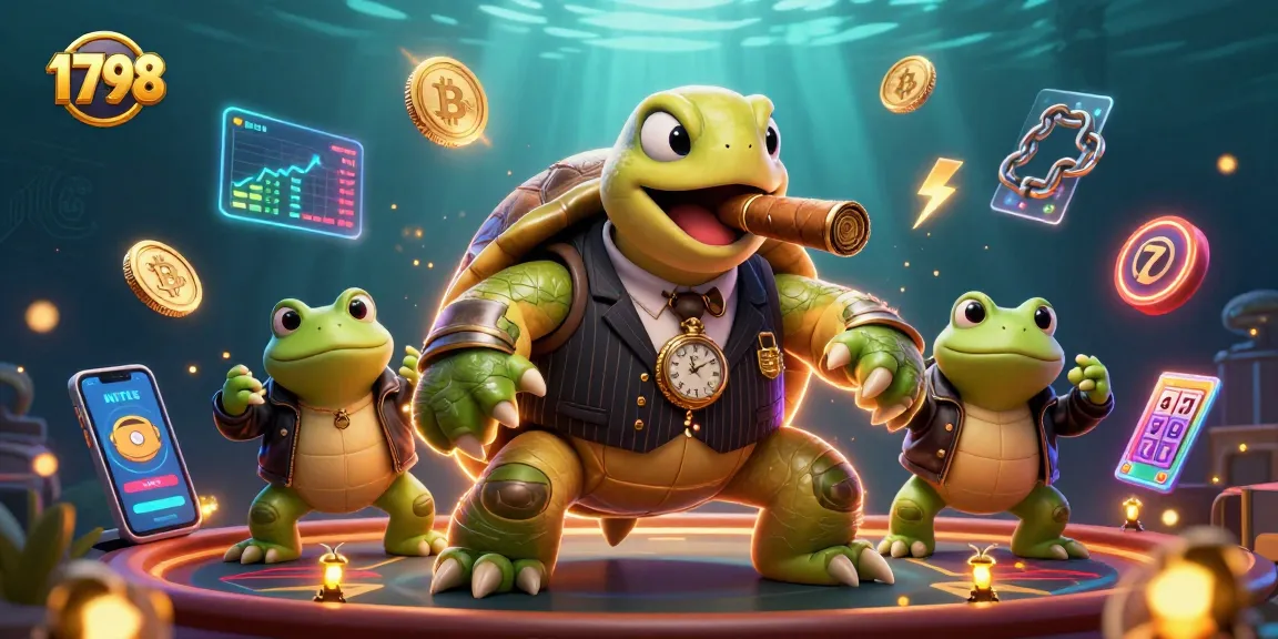 Engage in thrilling casino adventures with the 1798 massive snapping turtle, surrounded by slot reels and crypto elements.