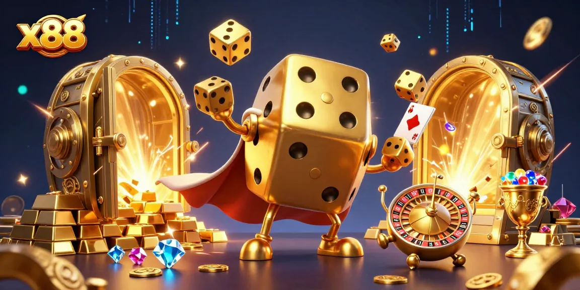 x88 dice golem juggling golden dice in a vibrant online casino scene