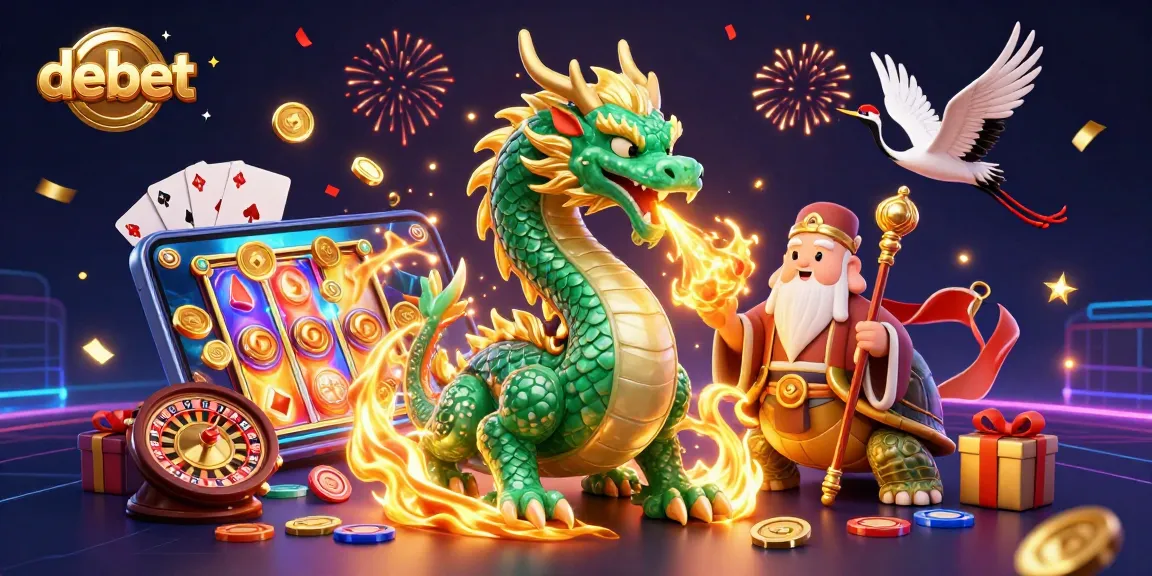 Play debet with a dynamic scene featuring a jade dragon and wise turtle sage amidst casino elements.
