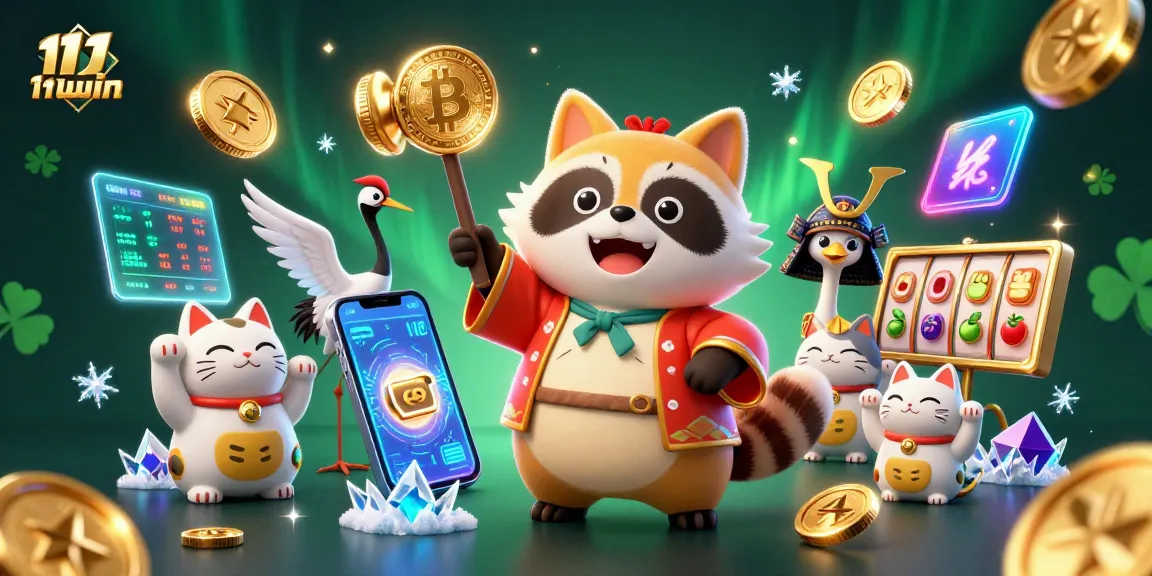 Engage with 11win's thrilling 3D casino scene filled with lucky symbols and vibrant characters