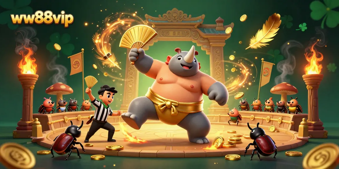 Engage with ww88vip in an exciting betting arena featuring a beetle sumo champion and golden coins flying.