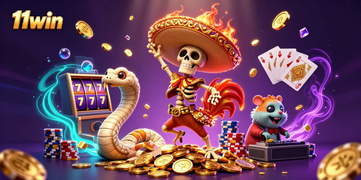 Win big with 11win's vibrant illustration featuring lively casino characters and games.