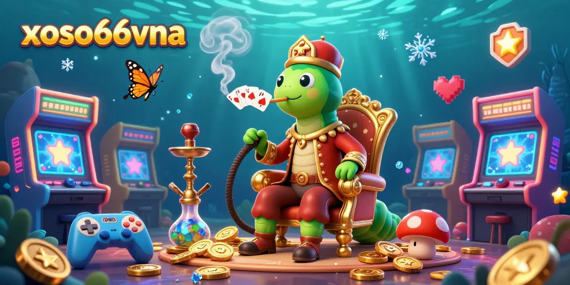 Engage with xoso66vna's colorful casino adventure featuring a whimsical caterpillar hookah-master amidst glowing arcade elements.