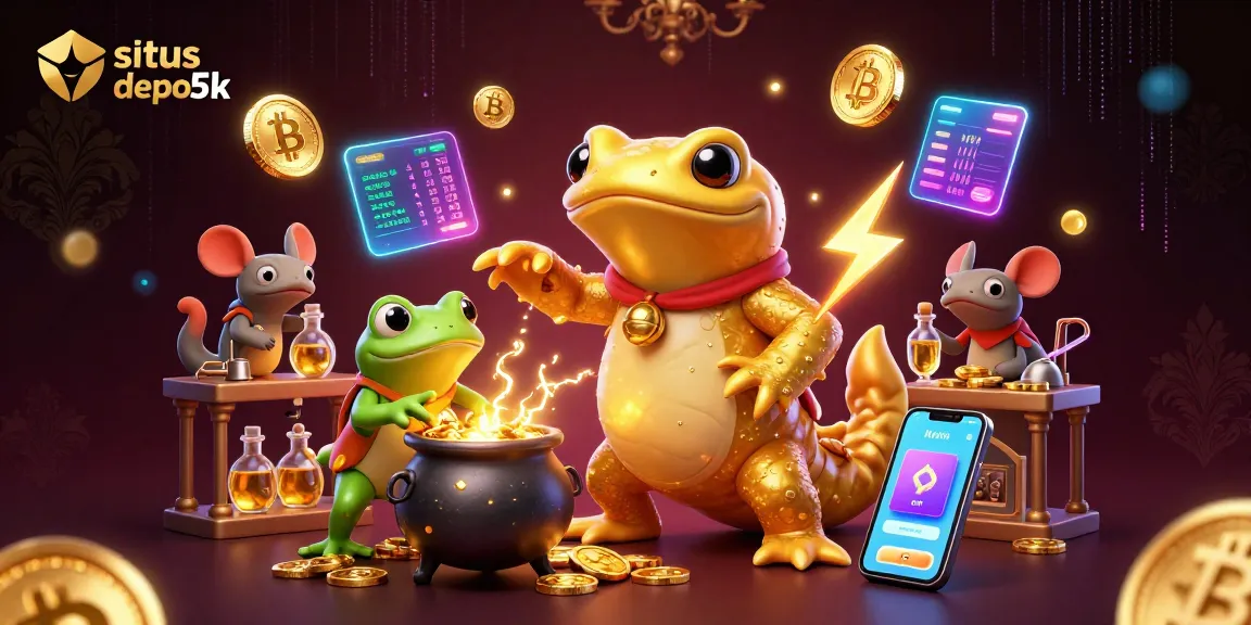Engage in situs depo 5k with a mystical 3D scene of an alchemist and gold elements.