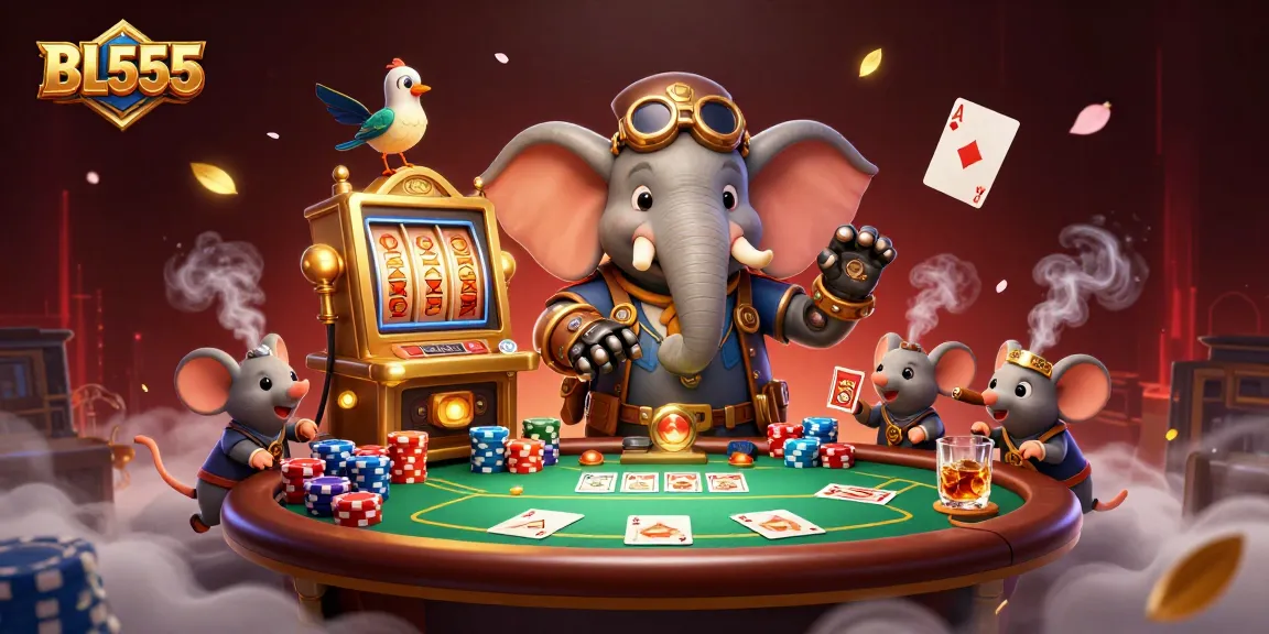 Engage in thrilling action at BL555 with steampunk-themed characters playing poker and slots.