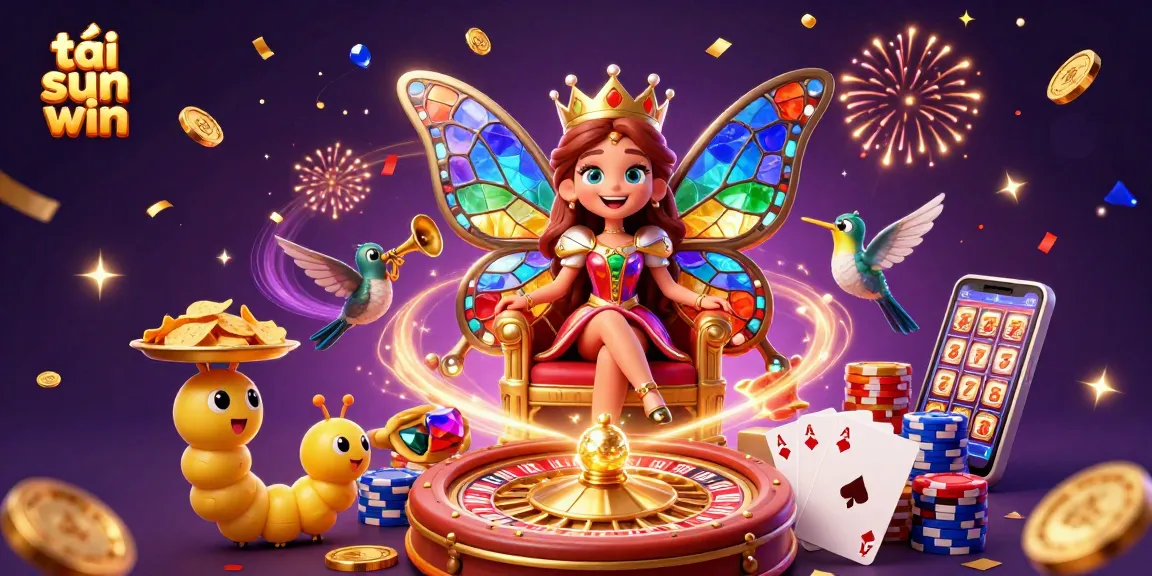 Experience the excitement of игровая площадка tải sun win with a colorful scene of a butterfly queen, chips, and casino elements.