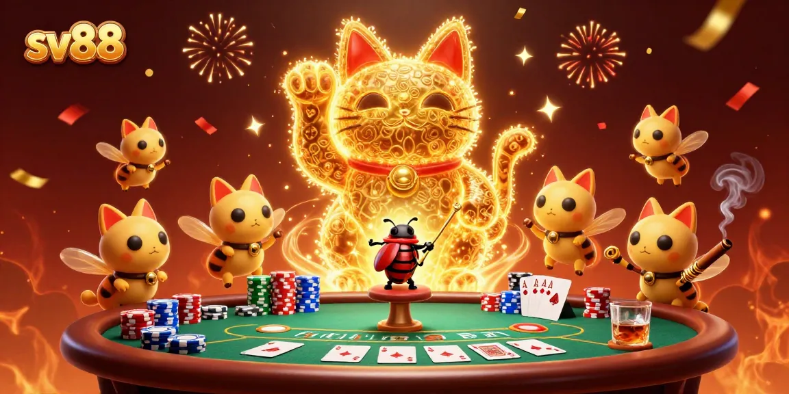 Engage with sv88's thrilling casino gameplay featuring a vibrant lucky cat and poker action.