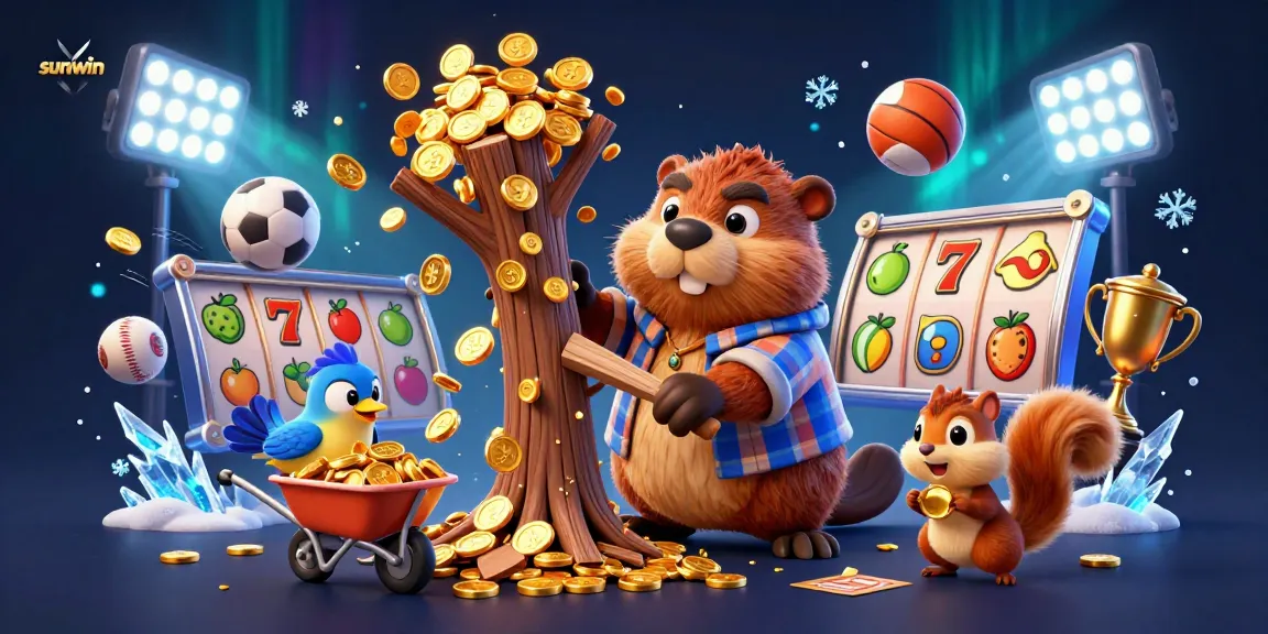 Experience winning moments with sunwin in an exciting 3D casino illustration filled with gold coins and trophies.