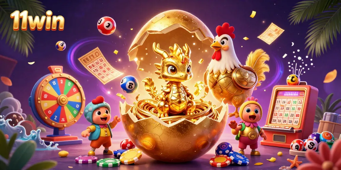Engage with the excitement of 11win as a baby dragon emerges from a golden egg surrounded by vibrant gaming elements.