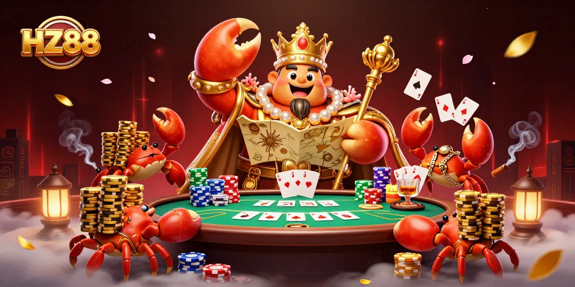 Participate in thrilling games at HZ88 with a vibrant scene of a golden crab emperor overseeing poker action.