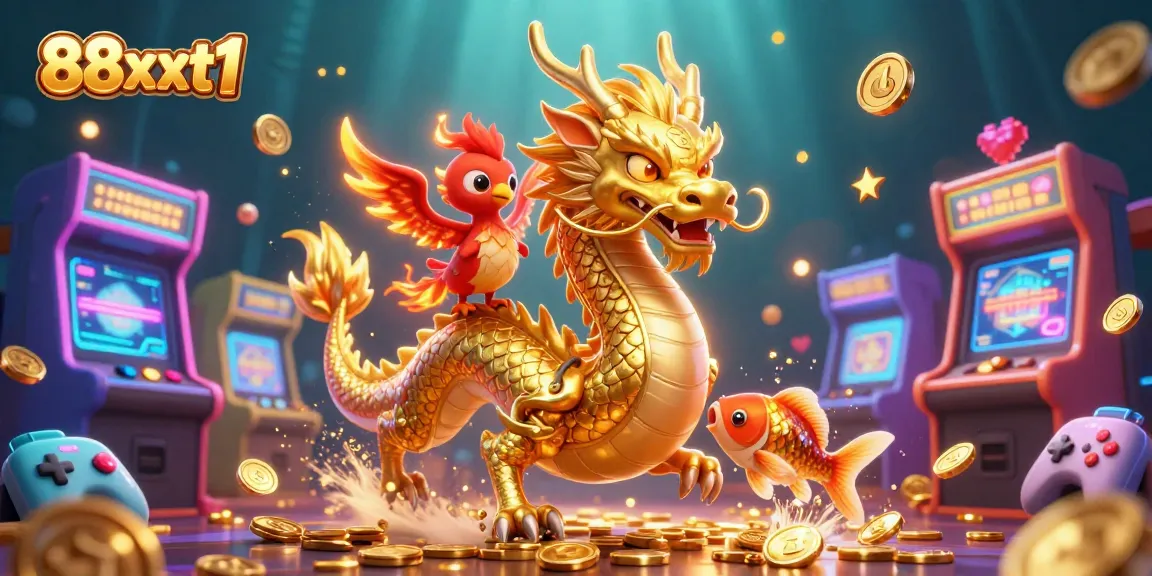 Experience thrilling excitement at 88xxt1 with this vibrant illustration showcasing a dragon, phoenix, and koi fish amidst a flurry of gaming elements.