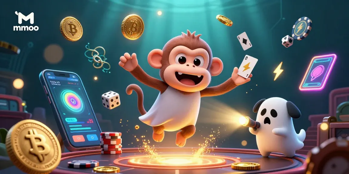 Engage in thrilling gaming at mmoo's haunted casino with a mischievous monkey juggling coins and a curious puppy hunting ghosts.
