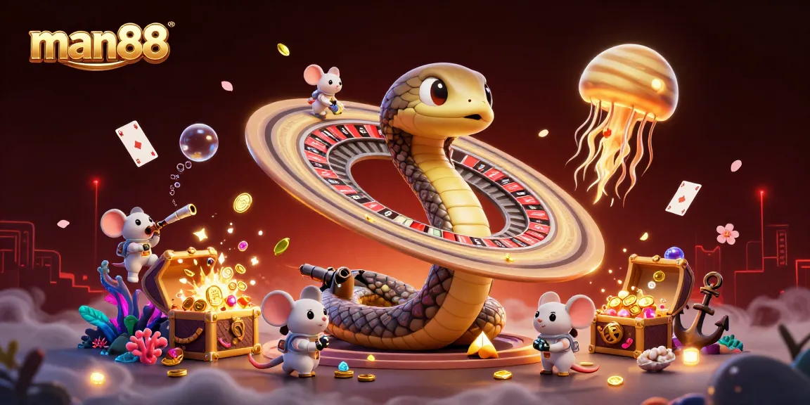 Engage with man88's vibrant cosmic casino scene featuring a roulette wheel and astronaut mice.