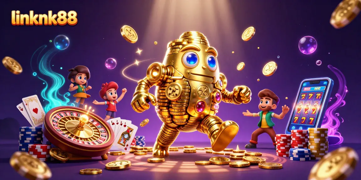 Play and win with linknk88's vibrant 3D casino scene featuring golden golem and slot machines.