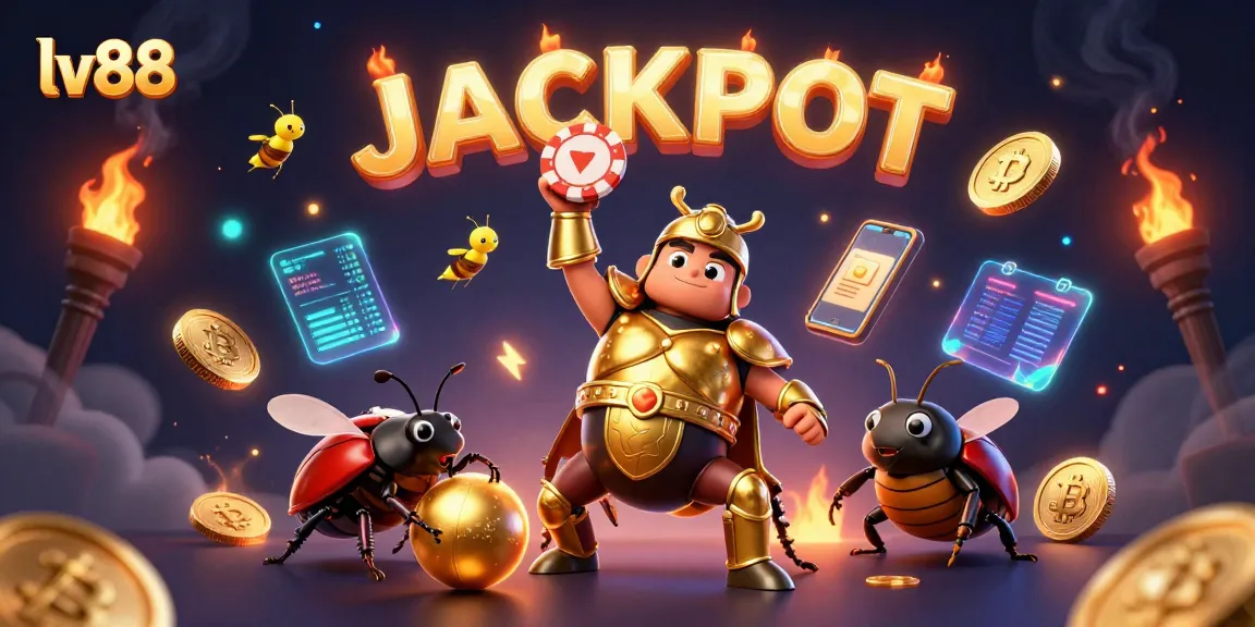Experience thrilling victories at lv88 with a heroic beetle and glowing crypto coins in a vibrant casino setting.