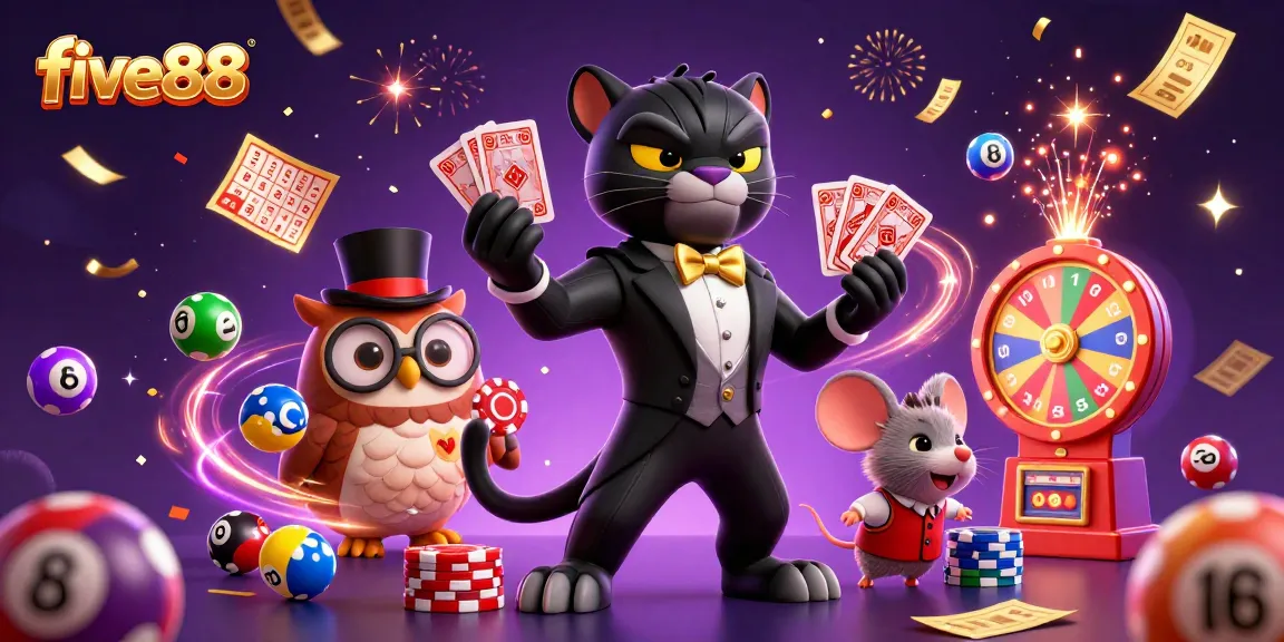 Experience winning excitement with five88 as the stylish panther deals cards and the lucky characters celebrate