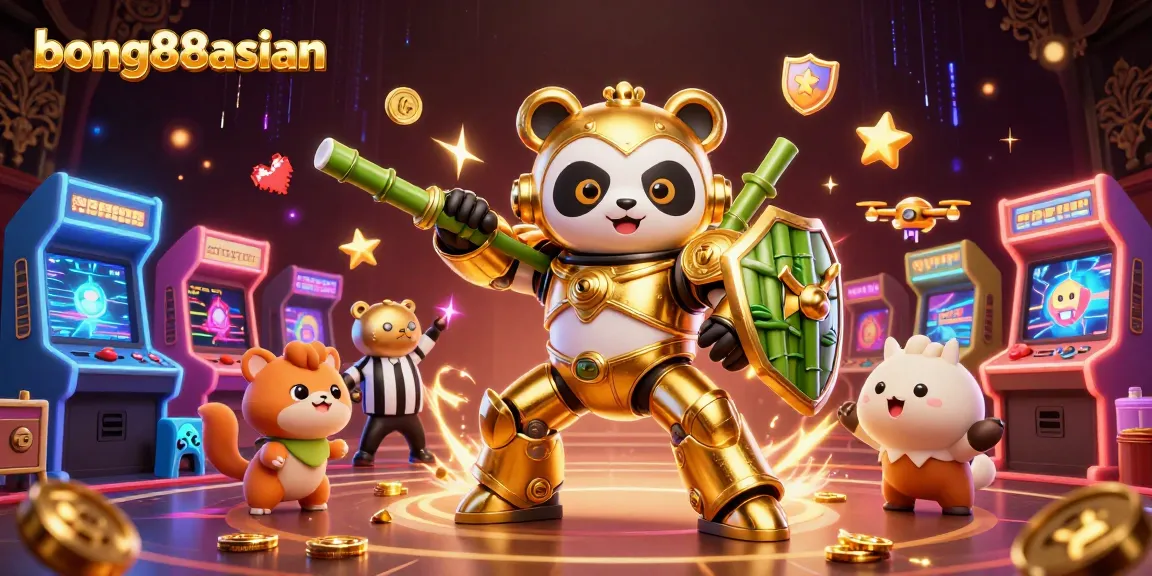 Bong88asian showcases thrilling 3D casino gameplay with an engaging panda mech robot, arcade machines, and vibrant game elements.