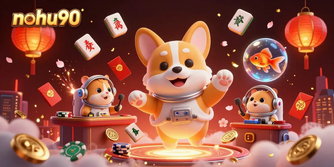 Nohu90 captivates players in an immersive casino scene with a floating corgi and golden coins.