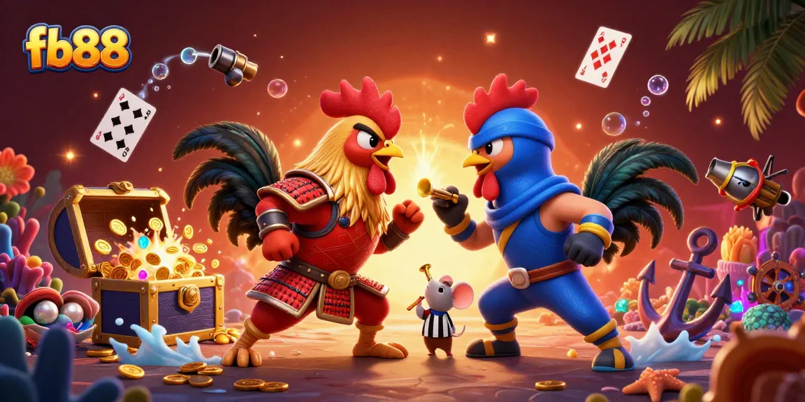 Witness an epic showdown at fb88 as fighting roosters take center stage in a vibrant casino battle.