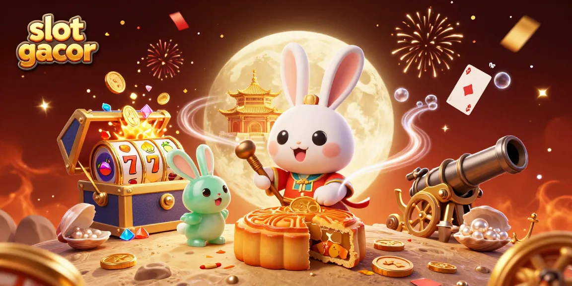 Experience the excitement of slot gacor with a dynamic 3D illustration of gaming elements and cultural motifs.