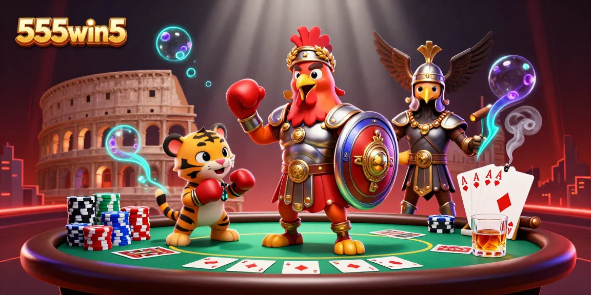 Experience the thrill of 555win5 at a lively poker scene with colorful chips and engaging characters.