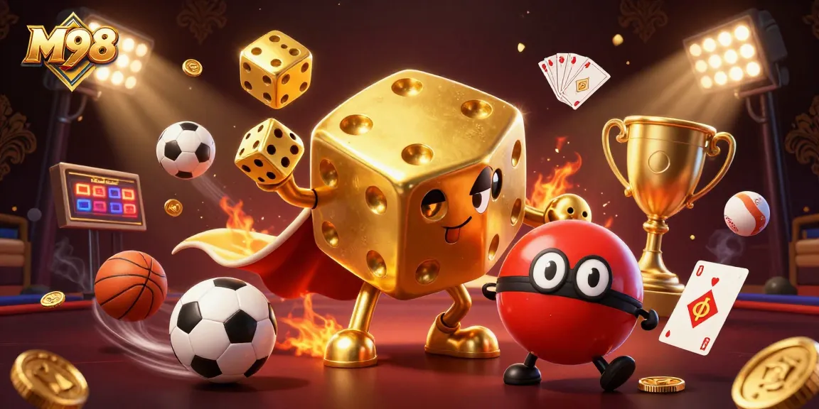 M98 invites players to experience premium gaming with vibrant sports-themed illustrations enhancing the excitement.