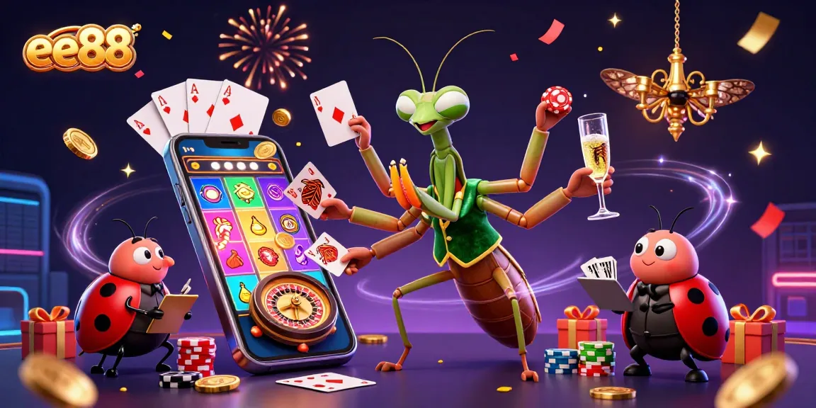 Experience the vibrant excitement of ee88 casino with a lively 3D casino scene featuring characters, games, and celebratory elements.